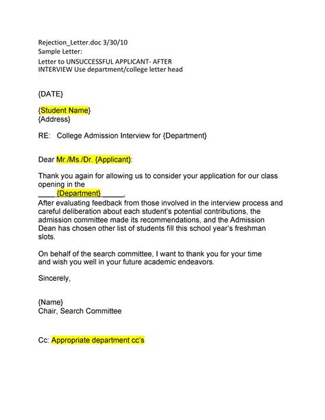 34 College Rejection Letter Samples Amp Examples Templatelab