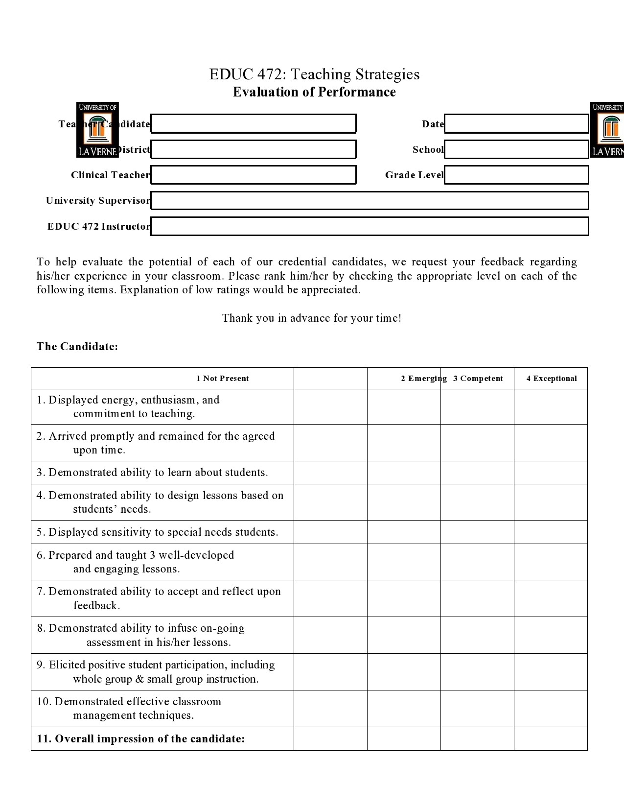 50 Printable Teacher Evaluation Forms Free Templatelab