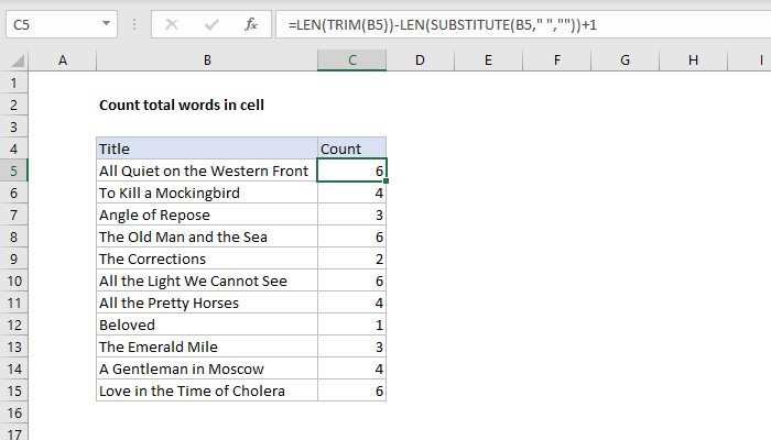 Count Total Words In A Cell Excel Formula Exceljet