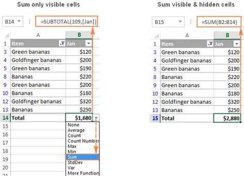 Excel Sum Formula To Total A Column Rows Or Only Visible Cells