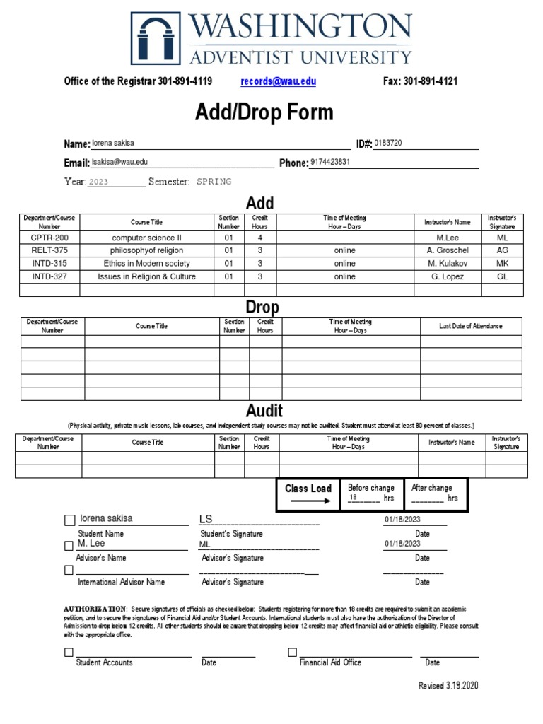 Fill Free Fillable Add Drop Form Student Add Drop Form Pdf Form