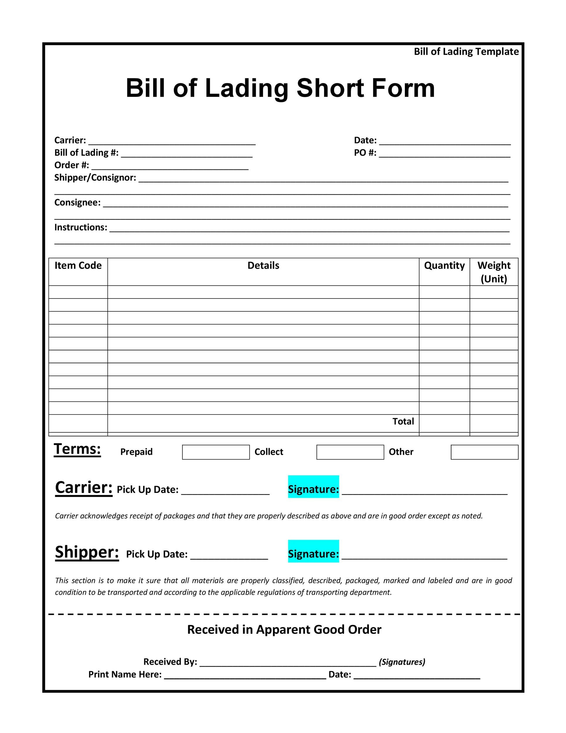 Free Printable Bol Form