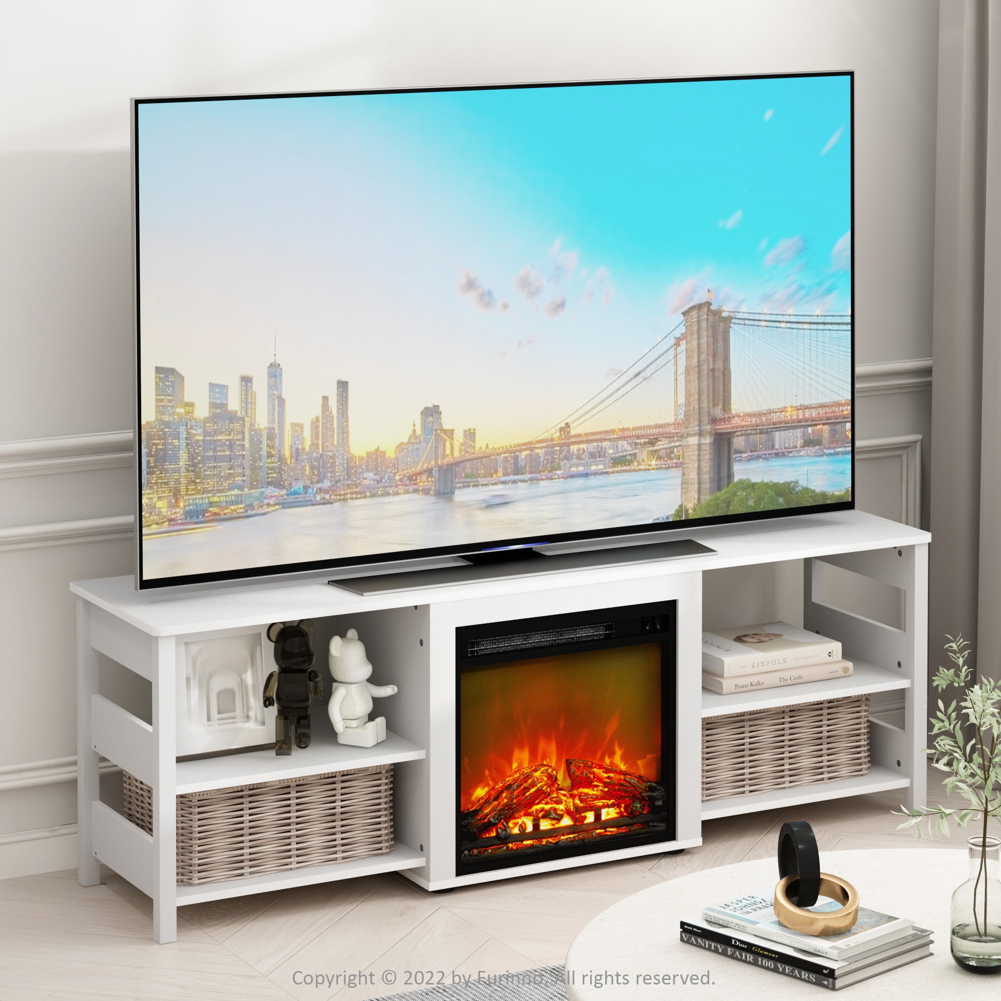 Furinno Classic 70 Inch Tv Stand With Fireplace White Emboss Walmart Com