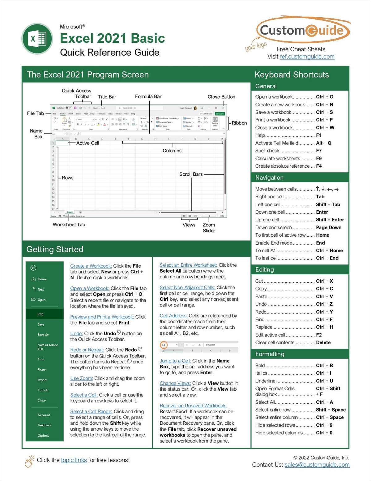 Microsoft Excel 2021 Basic Quick Reference Guide Free Guide