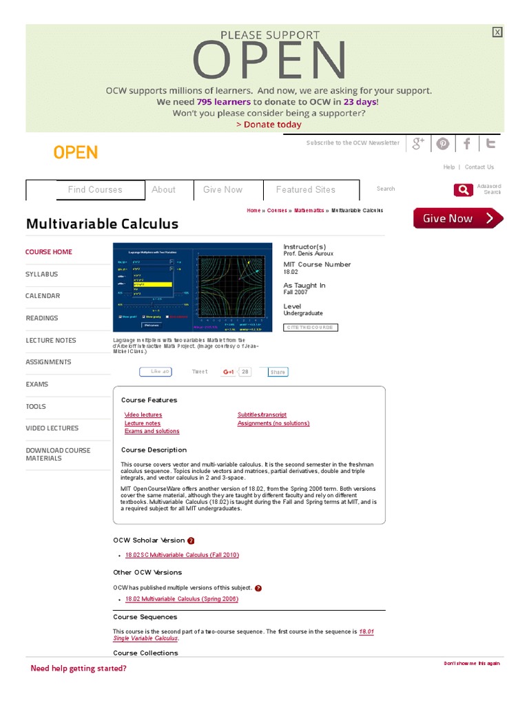 Multivariable Calculus Mathematics Mit Opencourseware Pdf