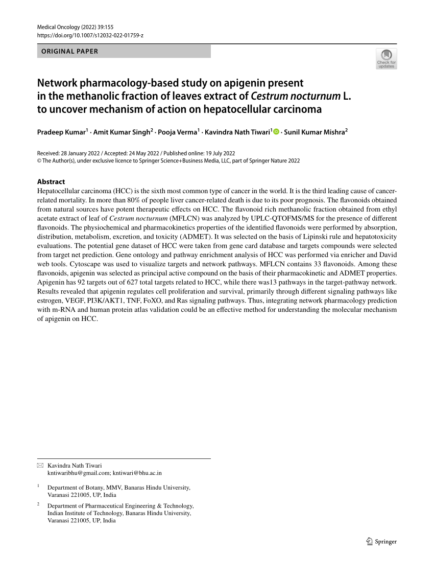 Network Pharmacology Based Study On Apigenin Present In The Methanolic