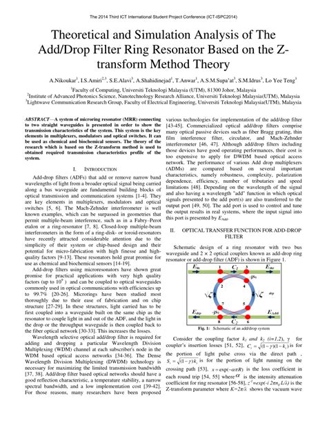 Pdf Theoretical And Simulation Analysis Of The Add Drop Filter Ring