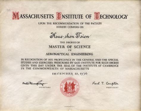 Qian Xuesen S Mit Master S Degree Certificate In Aeronautical