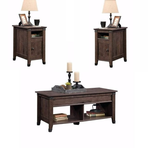 Rustic 3 Piece Coffee Table And End Table Sets In Oak Brown Walmart Com