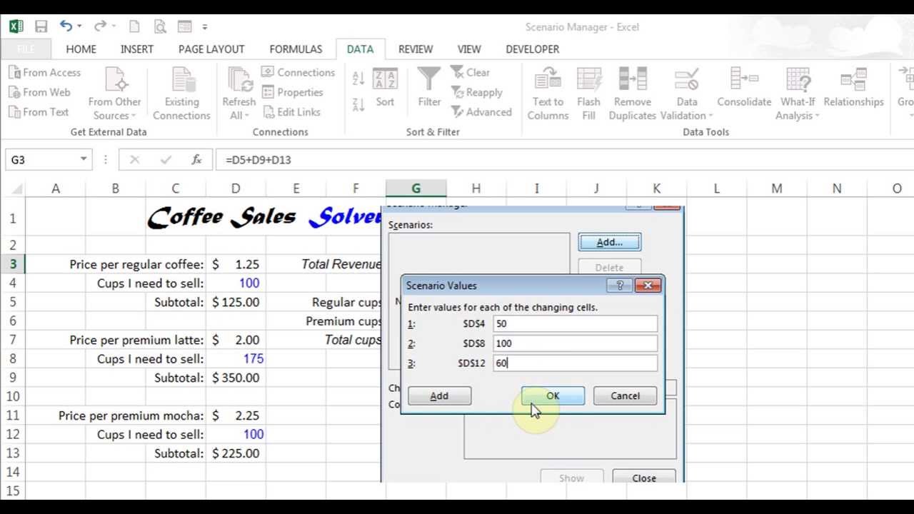 Using The Scenario Manager To Create Scenarios In Excel Youtube