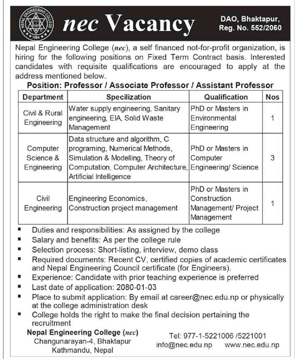 Vacancy For Professor Associate Professor And Assistant Professor At