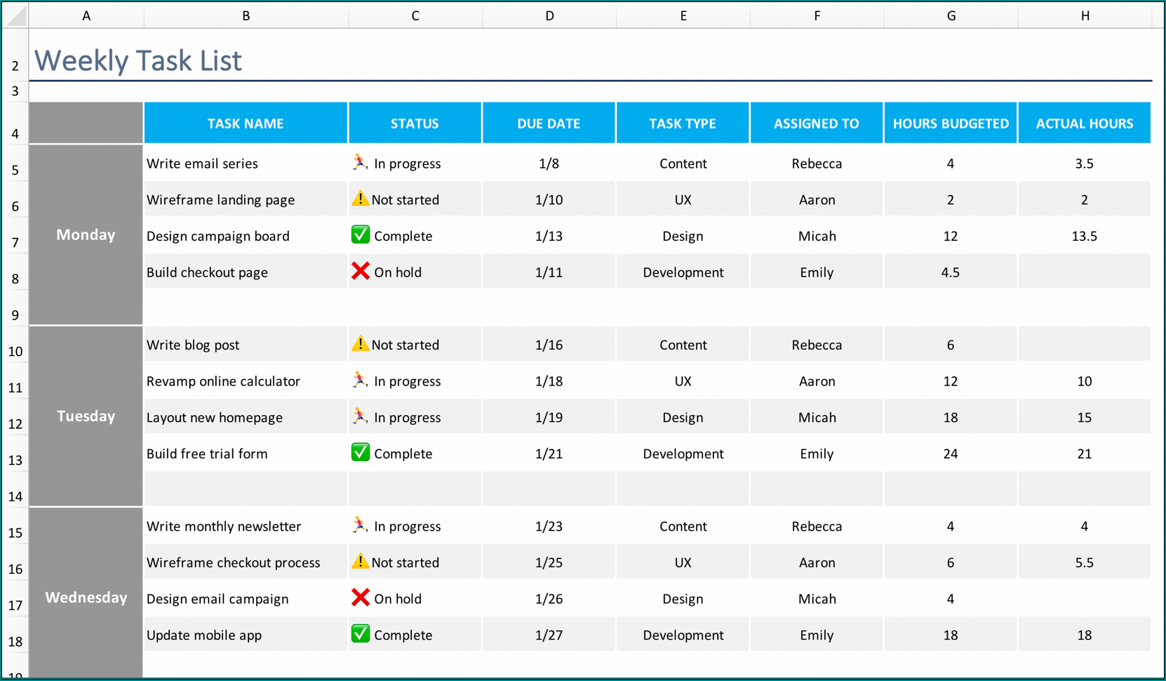 Weekly Task List Template For Excel Online